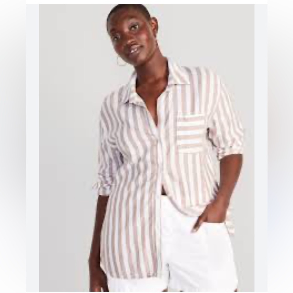 ESQUALO Tan/Gold/White Stripe Blouse-Silk blend Pocket- Buttonup Sleeve-EUC Sz12 - Picture 3 of 11